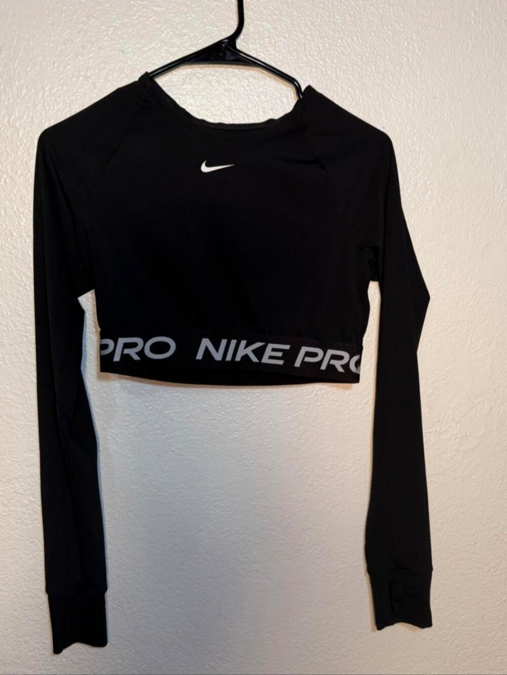 Nike Black Long-Sleeve Crop Top with White Logo